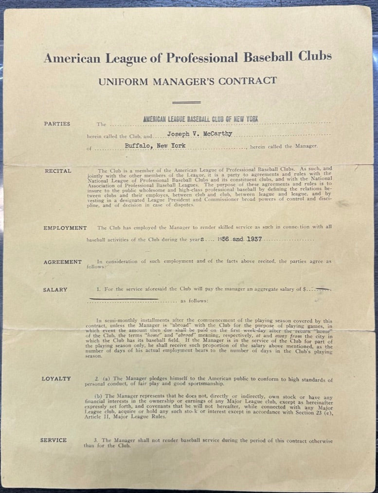 JOSEPH MCCARTHY 1936-37 OFCL SIGNED MANAGERS CONTRACT NYY - $125,000K APR wCoA!! APR 57