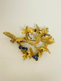 1950s Vintage Designer Sapphire & Diamond Floral Swirl Brooch in 18K Yellow Gold - $15K VALUE APR57