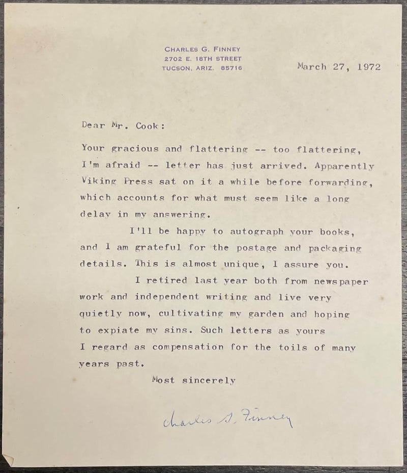 Signed Novelist Charles G Finney Typed Letter 1972 - $6K APR w/CoA APR57