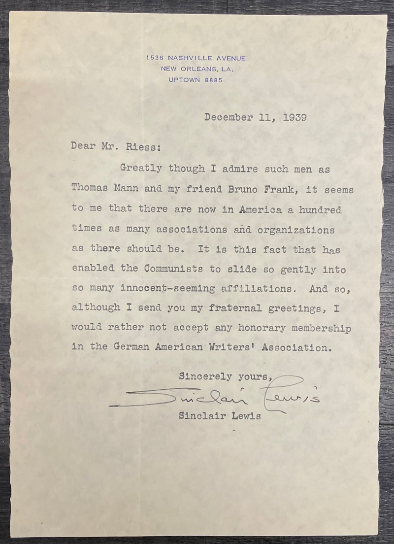 Sinclair Lewis Hand Typed Signed Letter Curt Reiss 1939 - $10K APR w/CoA APR57
