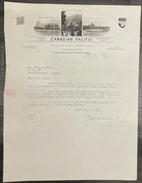 Signed Letter Canadian Pacific Railway Steamship E.A. Kenney 1936 - $5K APR w/CoA APR57