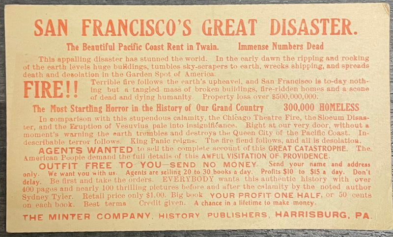 Promotional San Francisco’s Great Disaster Postcard 1906 - $5K APR w/CoA APR57