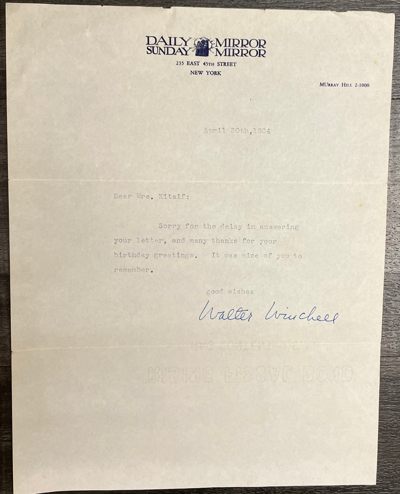 Typed Signed Letter Walter Winchell New York Daily Mirror 1934 - $2K APR w/CoA APR57