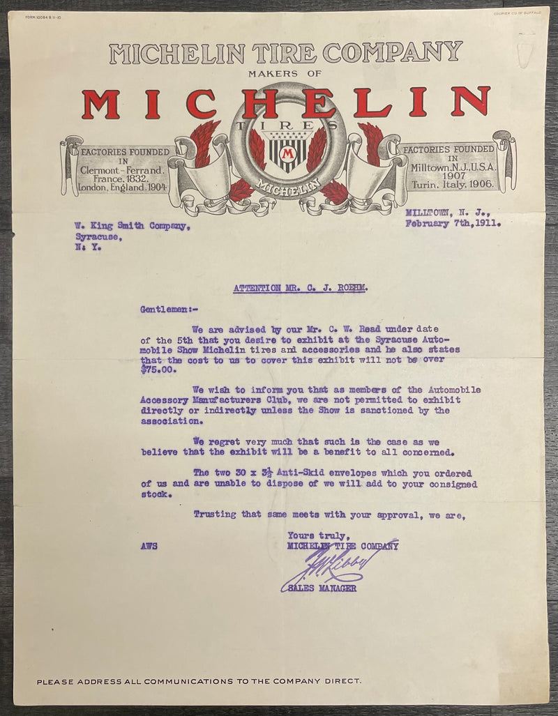 Michelin Tire Company NJ Letterhead Signed Typed Letter 1911 - $5K APR w/CoA APR57