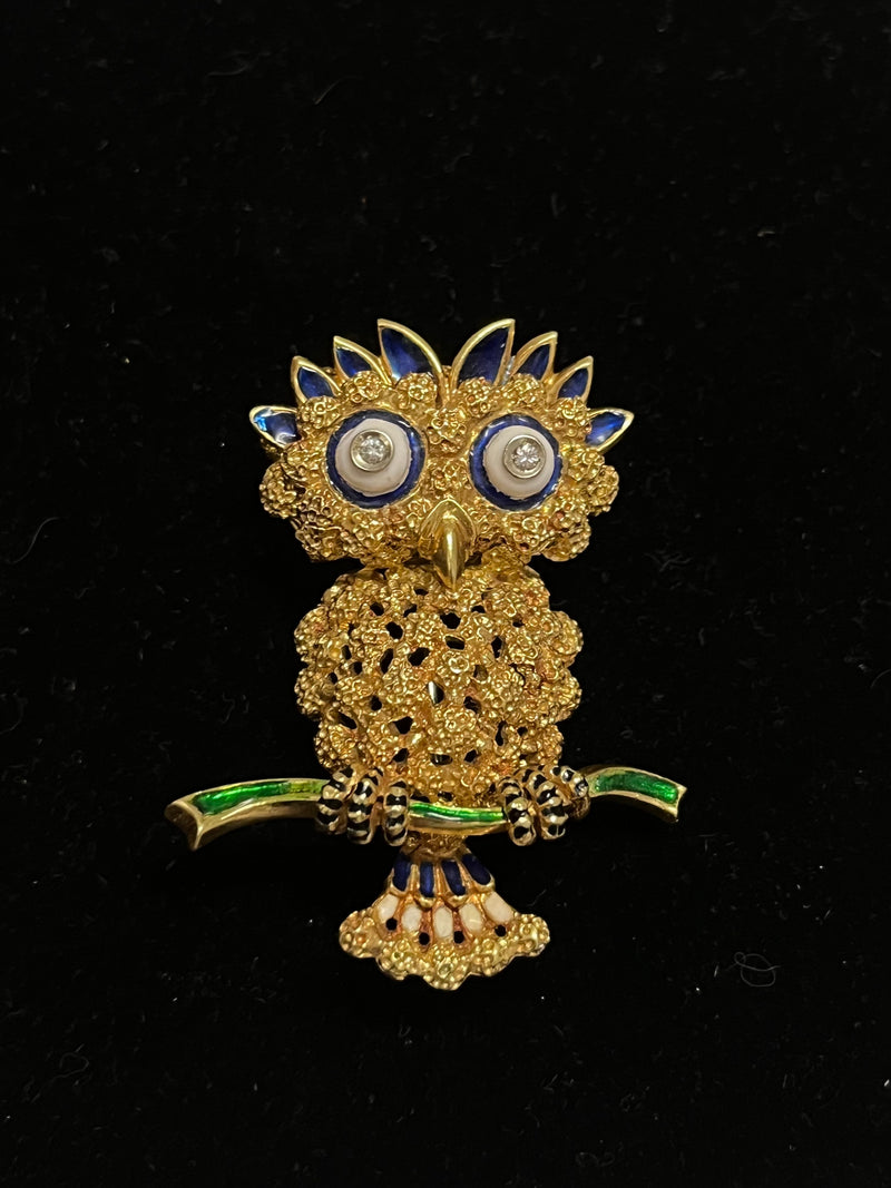 1970s Designer 18K Yellow Gold Owl Brooch with Enamel & Diamonds - $15K VALUE APR57