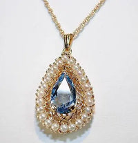 1960s Vintage Blue Topaz & Pearl Teardrop Pendant with 14K Yellow Gold Chain - $5K VALUE APR 57
