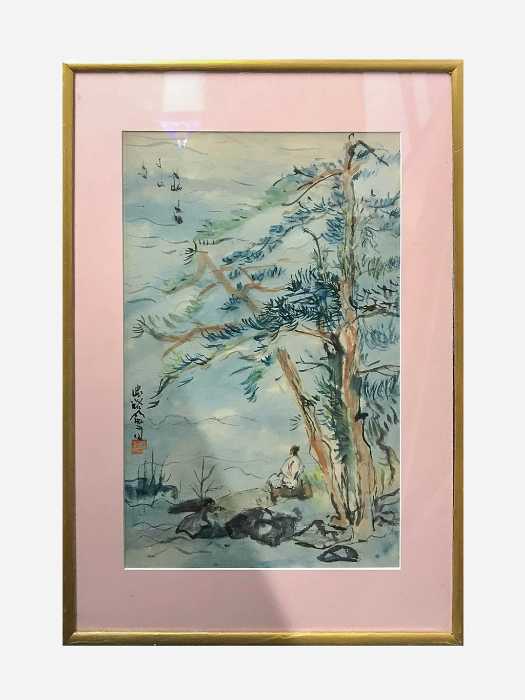 Vintage Signed 1960s Japanese Landscape Watercolor & Ink Painting