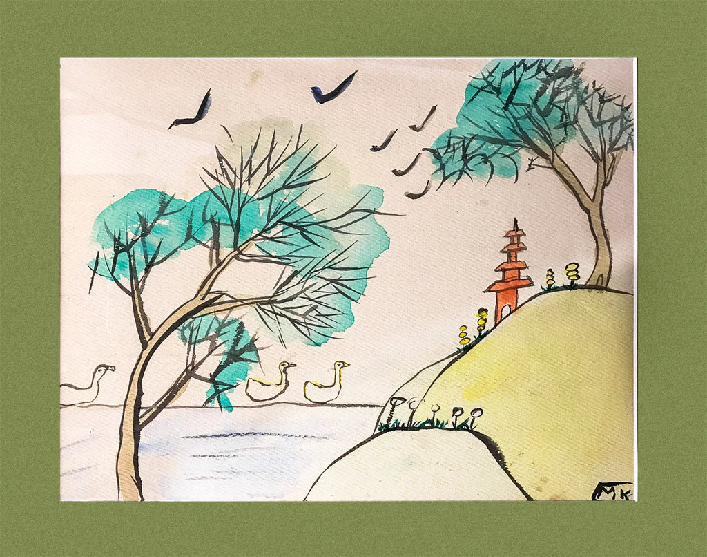 Vintage Signed 1960s Japanese Landscape Watercolor & Ink Painting