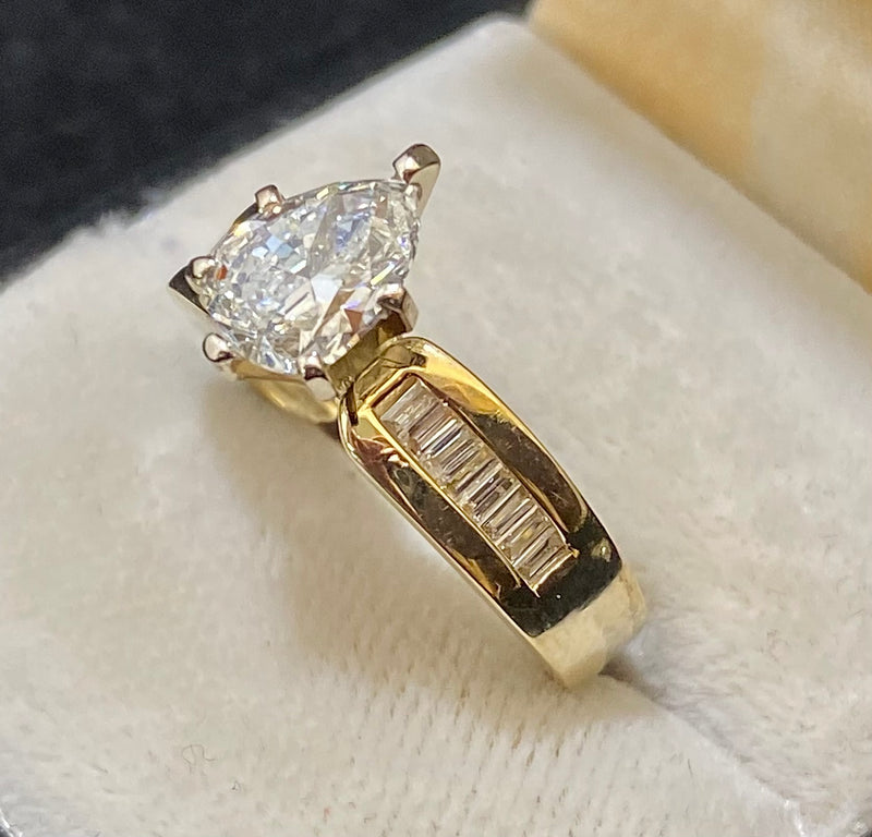 Incredible Solid Yellow Gold Pear & Baguette cut Diamond Ring - $20K Appraisal Value w/CoA} APR57