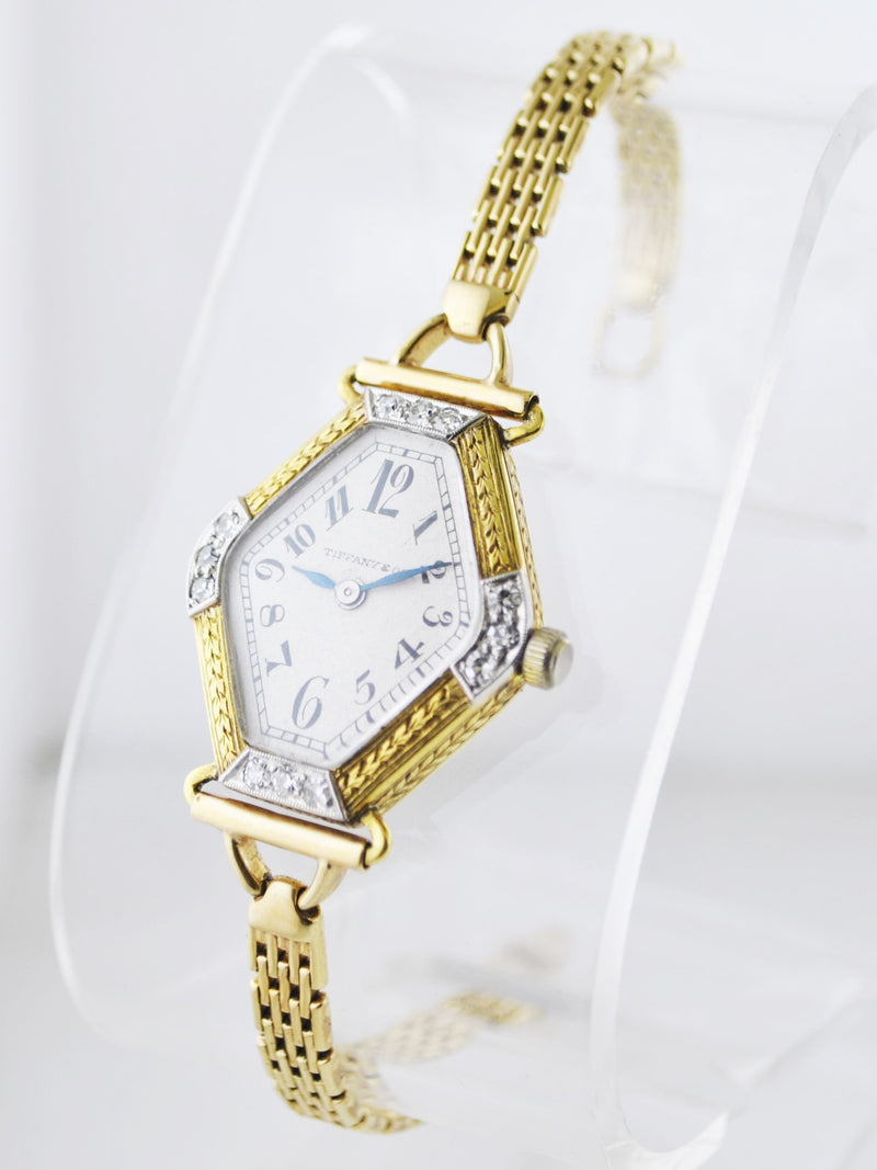 1917 Tiffany & Co Mechanic Small Rhombus Wristwatch Diamond Bezel Link Band in Solid Yellow Gold - $20K VALUE APR 57