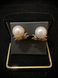 Designer's Solid Yellow Gold with 14mm South Sea Pearl & Diamonds Earrings - $30K Appraisal Value w/ CoA } APR 57