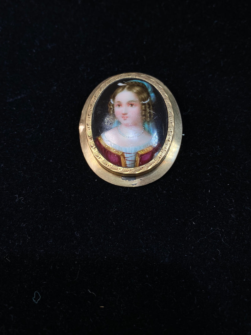 Vintage European 1850's Lady's Portrait in Solid Yellow Gold Circle Brooch/Pin with $8K COA !!} APR 57