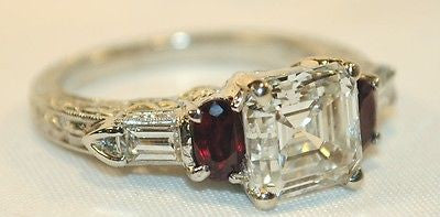 Vintage Style 2.72 Carat Asscher-Cut Diamond Ring with Ruby in Platinum & 18K Gold GIA Certified - $80K VALUE APR 57