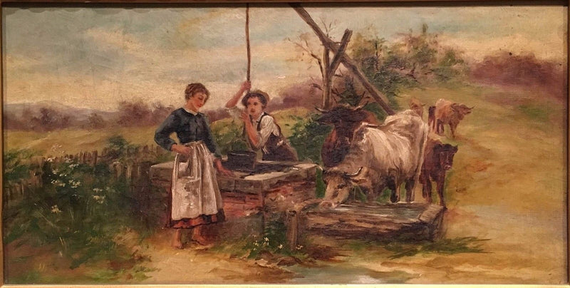"Peasants at the Well" Late 19th Century Original Oil Painting - $10K VALUE* APR 57