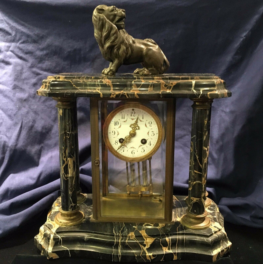 Antique French Marble & Bronze Mantel Clock w/Lion - 19th C.