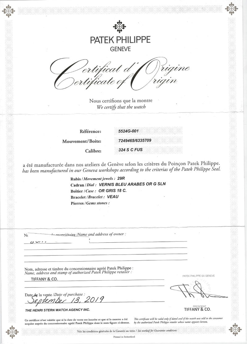 PATEK PHILIPPE & Tiffany & Co. Co-branded Calatrava Pilot Travel Time Complication Wrtistwatch, #5524G - $200K APR Value w/ CoA! APR 57