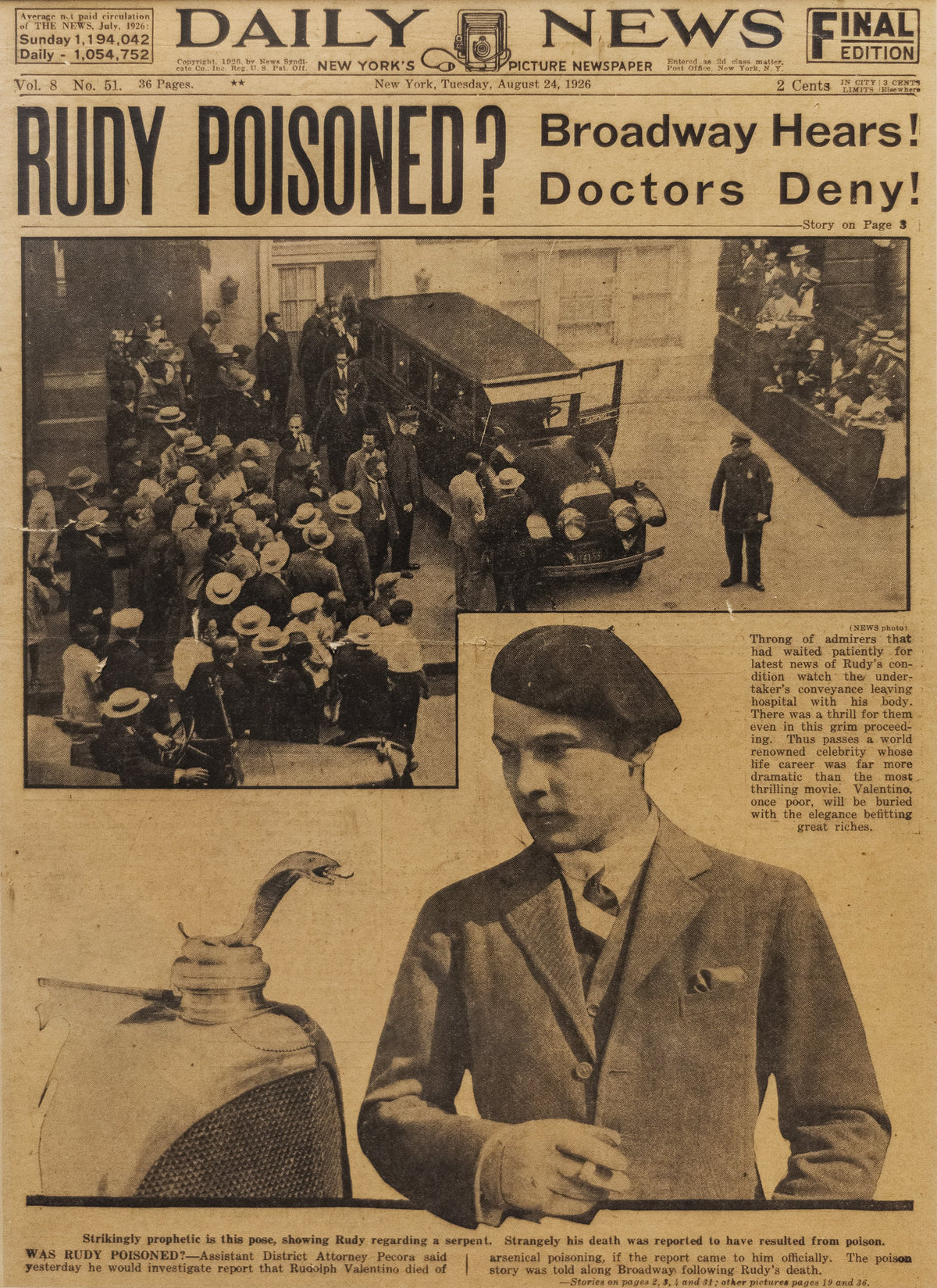 ORIGINAL 1926 DAILY NEWS ON RUDY VALENTINO'S DEATH