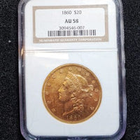 1860 $20 Liberty Head Double Eagle AU-58 (NGC)- $15K APR Value w/ CoA! ✿✓ APR57