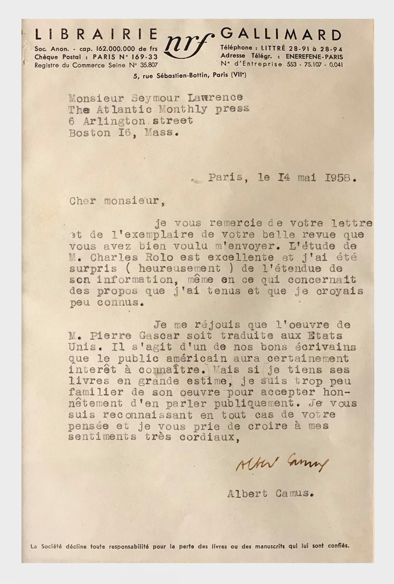 Copy of Albert Camus Authentic Signed Typed Letter French May 14 1958 - $15k APR w/ COA APR 57