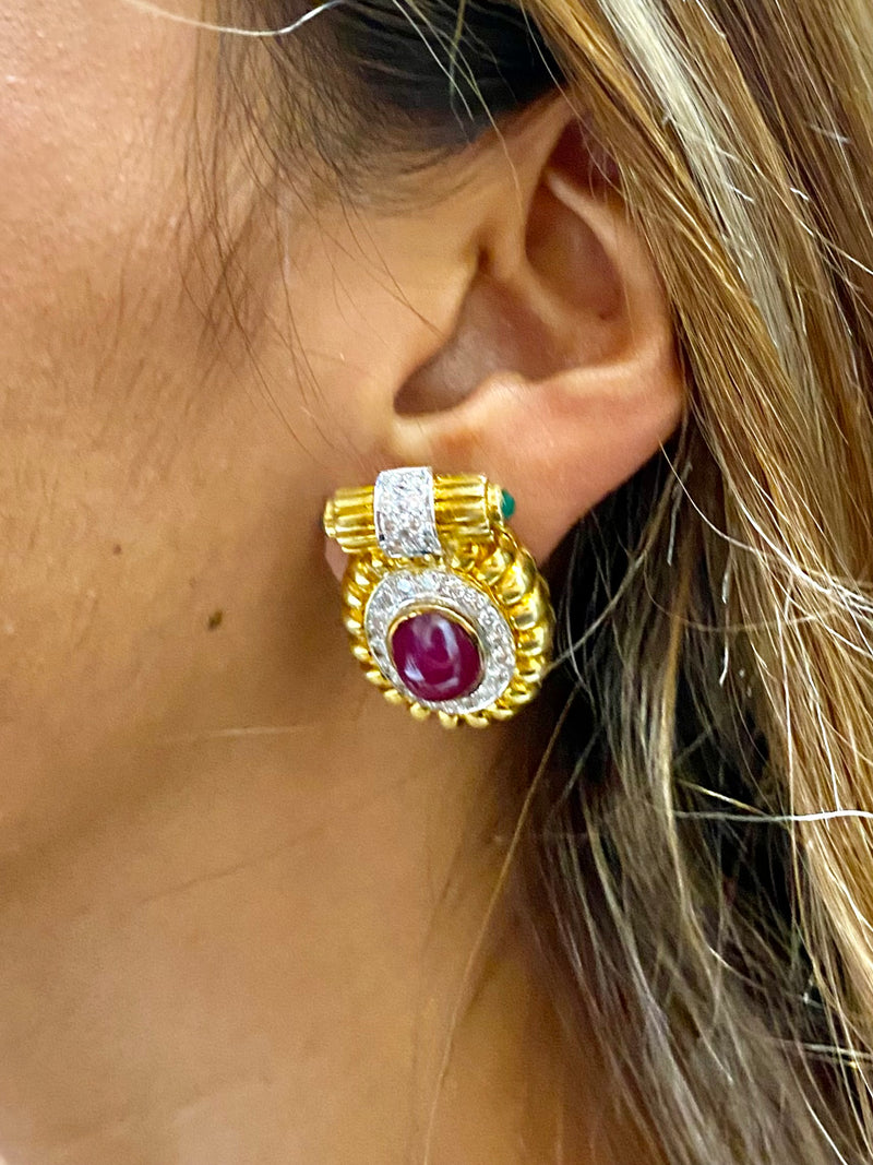 Earrings Bulgari-style 18K YG w/ Diamonds & Rubys & Emerald - $100K APR w/ CoA!! APR57