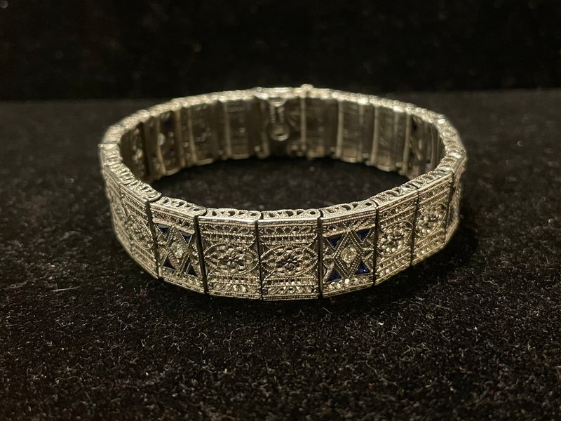 1920's Filigree Platinum w/ Diamonds & Sapphire Blue Bracelets- $20K APR w/ CoA! APR57