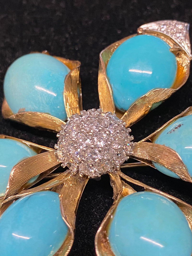 Exquisite C.1940s Solid Gold Unique 40 Diamond & Turquoise Pin- $30K APR w/ CoA! APR57