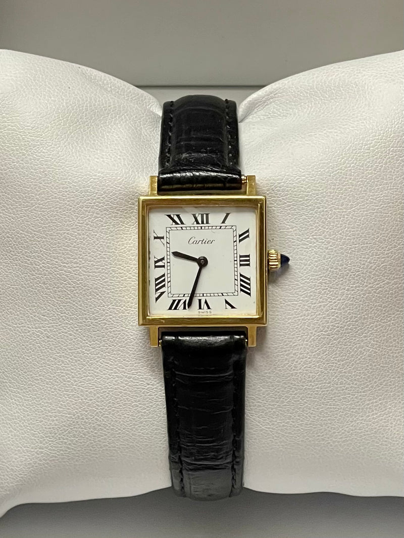 CARTIER Vintage YG-Plated Square Mechanical Wristwatch on Black Leather Strap - $15K VALUE! APR 57