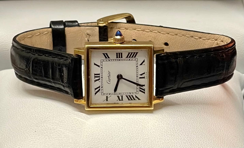 CARTIER Vintage YG-Plated Square Mechanical Wristwatch on Black Leather Strap - $15K VALUE! APR 57