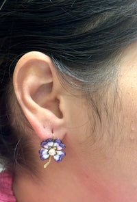 Unique Designer Solid YG w/ Pearl & Enamel Flower Wire Earrings - $8K APR w/ CoA APR 57