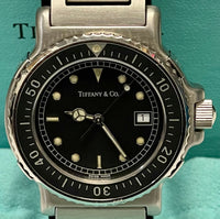 Tiffany & Co Quartz Wristwatch #M0719 Black Rotating Bezel & Face Date Water Resistant Stainless Steel $6K VALUE APR 57