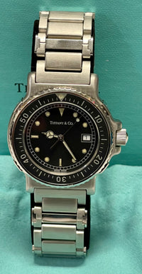 Tiffany & Co Quartz Wristwatch #M0719 Black Rotating Bezel & Face Date Water Resistant Stainless Steel $6K VALUE APR 57