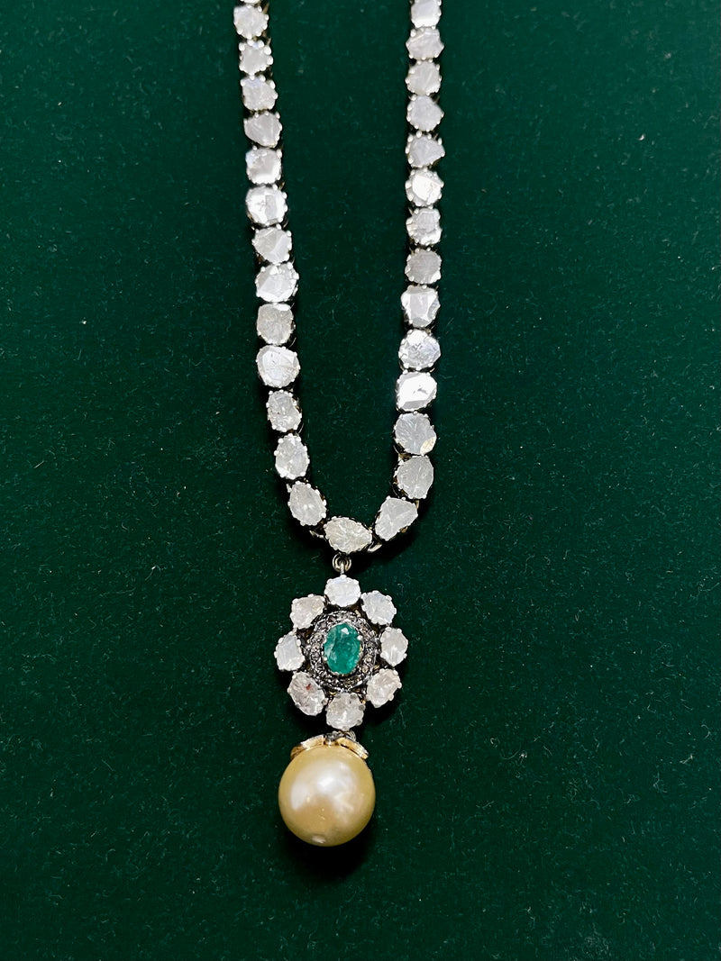 LADIES ANTIQUE EMERALD AND DIAMOND NECKLACE 18K YG AND SILVER - $60k APR w/ CoA! APR57