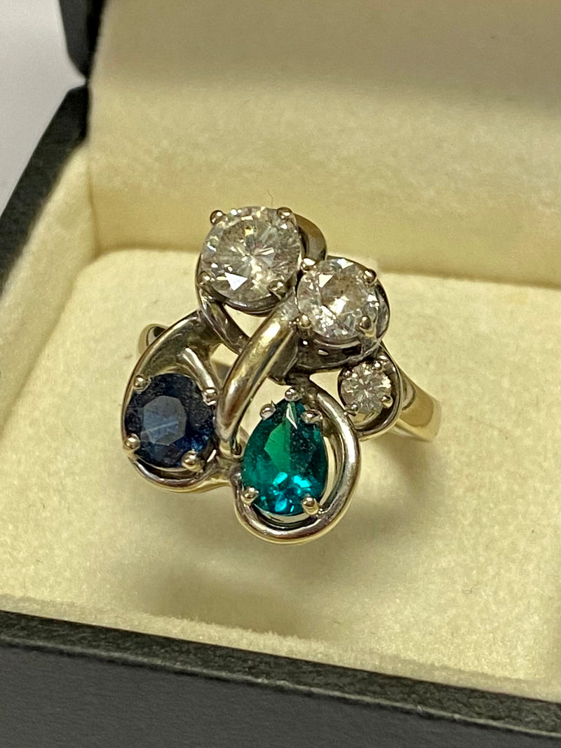 1940's Unique Design SWG Diamond & Sapphire & Emerald Ring $20K Appraisal Value w/ CoA! APR57