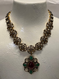 Necklace Beautiful Antique Gold/Silver Diamonds Emeralds & Ruby- $500K APR w/CoA! APR57