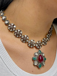 Necklace Beautiful Antique Gold/Silver Diamonds Emeralds & Ruby- $500K APR w/CoA! APR57