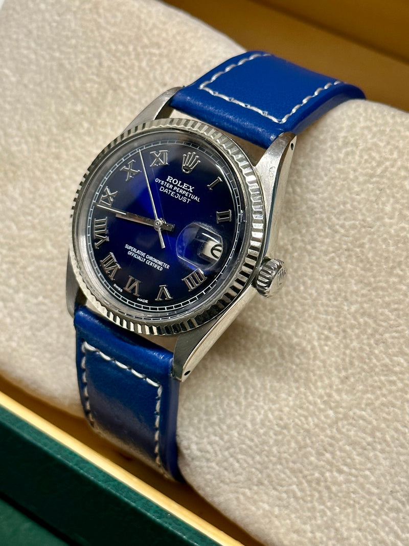 One Mens Rolex Full Size Oyster Perpetual Datejust With An Incredibly Beautiful Bright Enamel Deep Blue Sapphire Style Dial- $20K APR w/ CoA! APR57