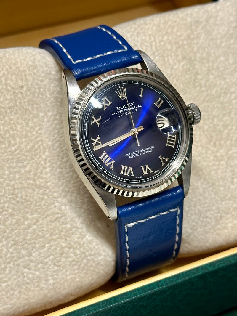 One Mens Rolex Full Size Oyster Perpetual Datejust With An Incredibly Beautiful Bright Enamel Deep Blue Sapphire Style Dial- $20K APR w/ CoA! APR57