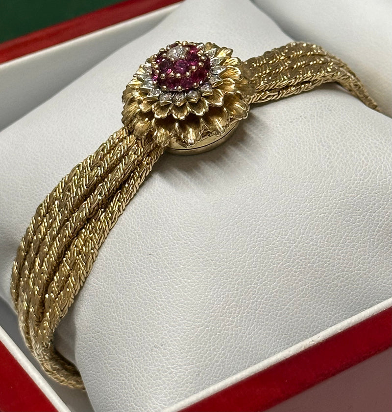 PERLE Diamonds And Ruby's Vintage 1940s Yellow Gold Wristwatch- $40K APR w/ COA! APR57