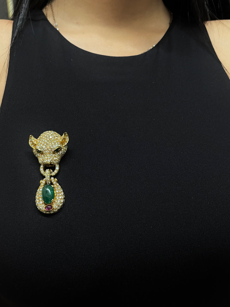 Cartier-Style Panther 18K Yellow Gold Brooch/Pin with 240 Diamonds, Emerald, Ruby, Sapphire, and Jadeite! - $50K Appraisal Value! APR 57
