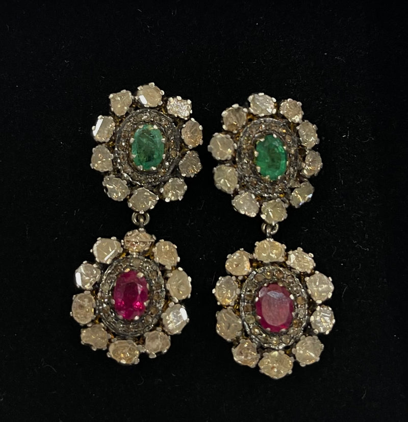 Antique Design Diamonds Gold Emeralds and Rubies Earrings - $30 APR w/ CoA! APR 57