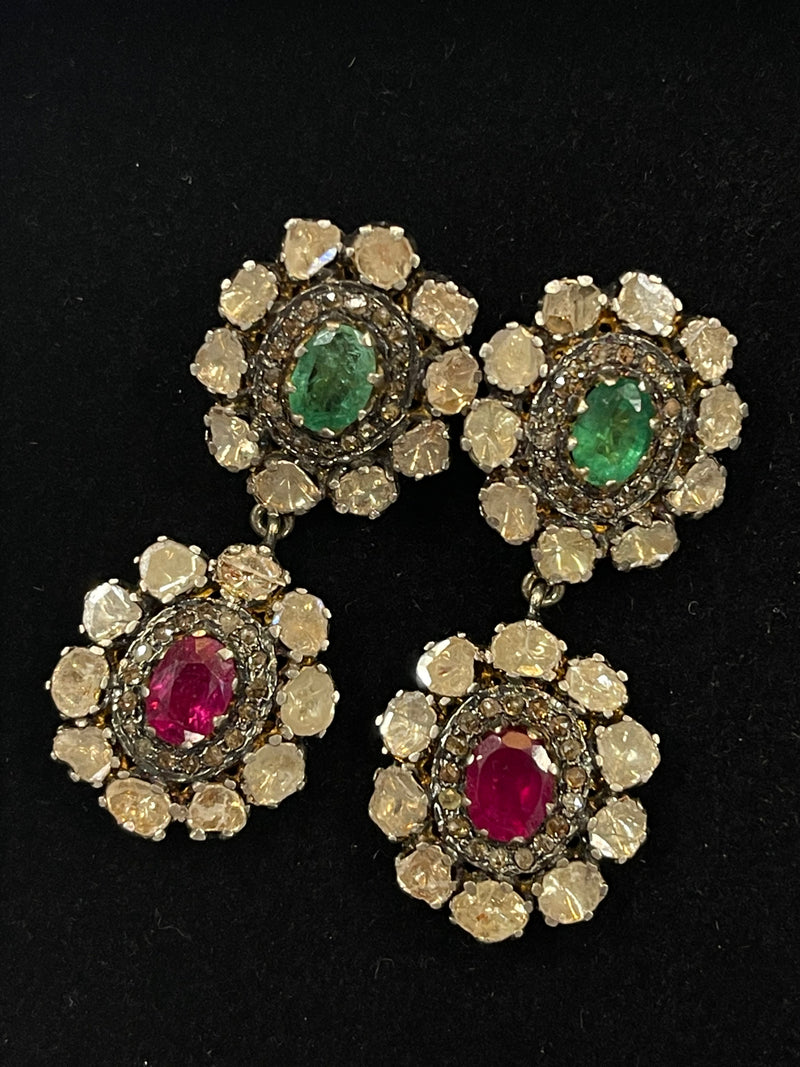 Antique Design Diamonds Gold Emeralds and Rubies Earrings - $30 APR w/ CoA! APR 57