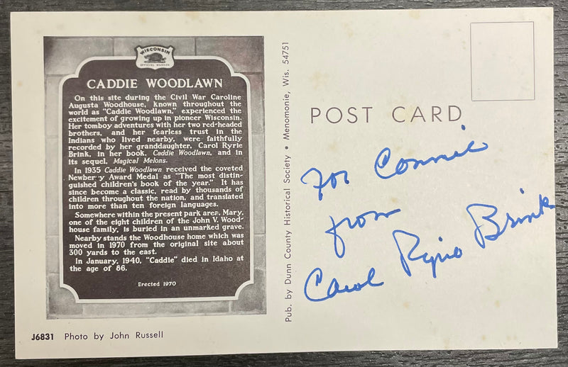 Carol Ryrie Brink Author Signed Caddie Woodlawn Postcard - $6K APR w/CoA APR57