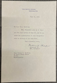 Malvina Thompson Signed Typed Letter 1939 Eleanor Roosevelt - $3K APR w/CoA APR57
