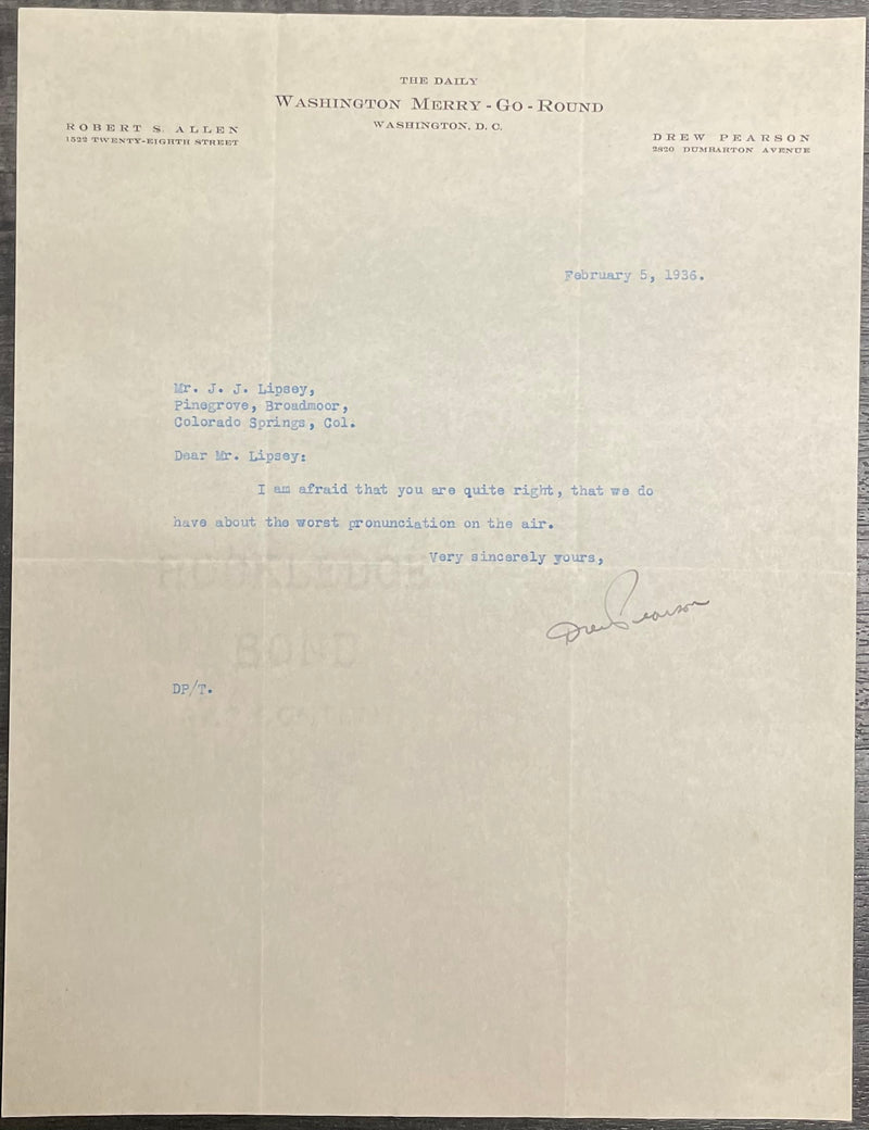 Drew Pearson Daily Washington Signed Typed Letter 1936 - $5K APR w/CoA APR57