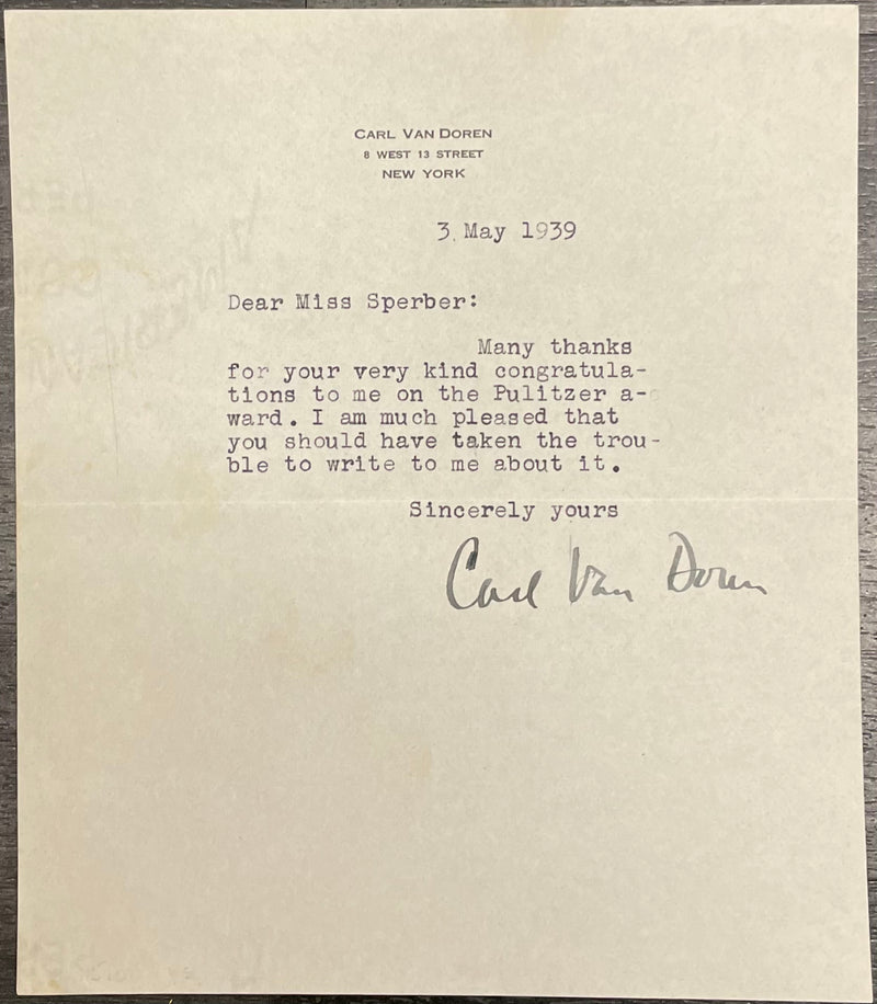 Original Carl Van Doren Pulitzer Typed Signed Letter 1939 - $2K APR w/CoA APR57