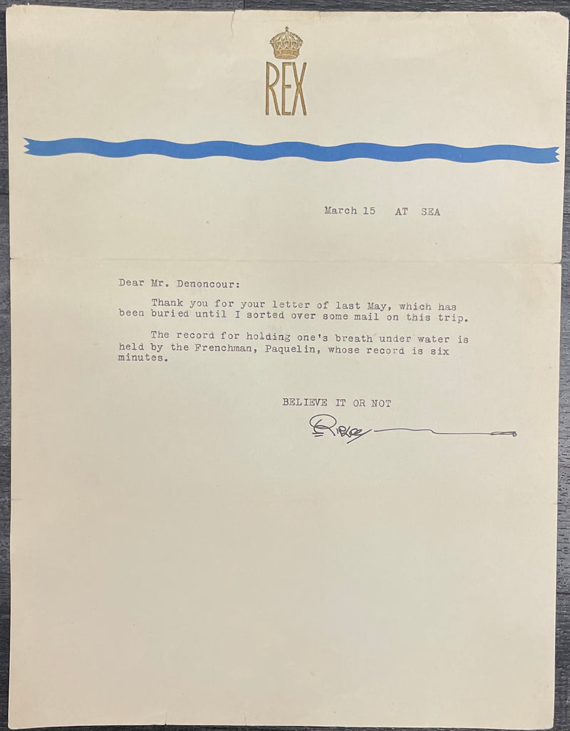 Signed Robert Ripley Believe It Or Not Typed Letter SS Rex 1933-35 - $8K APR w/CoA APR57