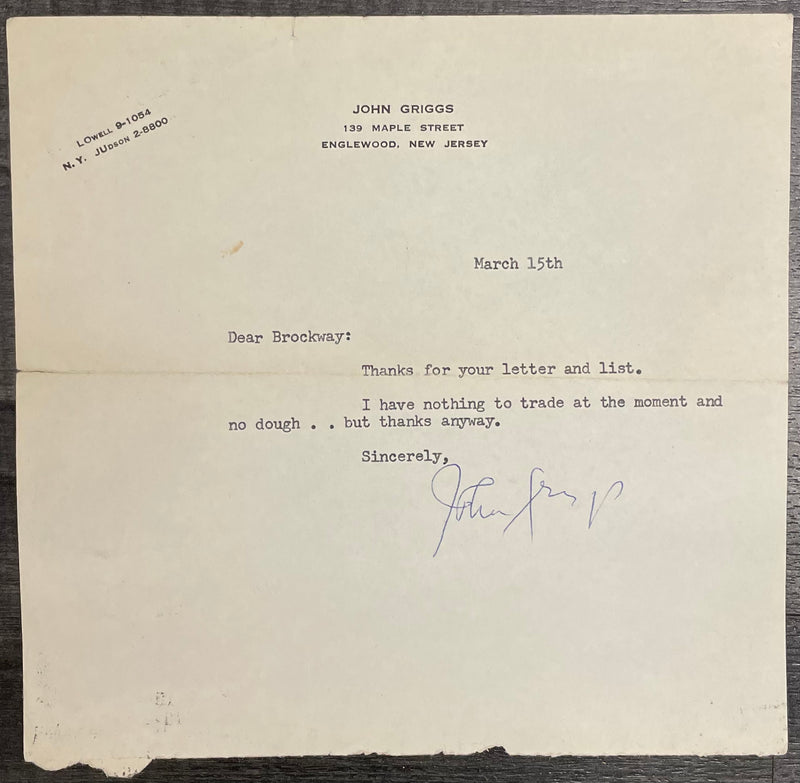 Original Signed Typed Letter John Griggs Actor Mid 20th Century - $4K APR w/CoA APR57