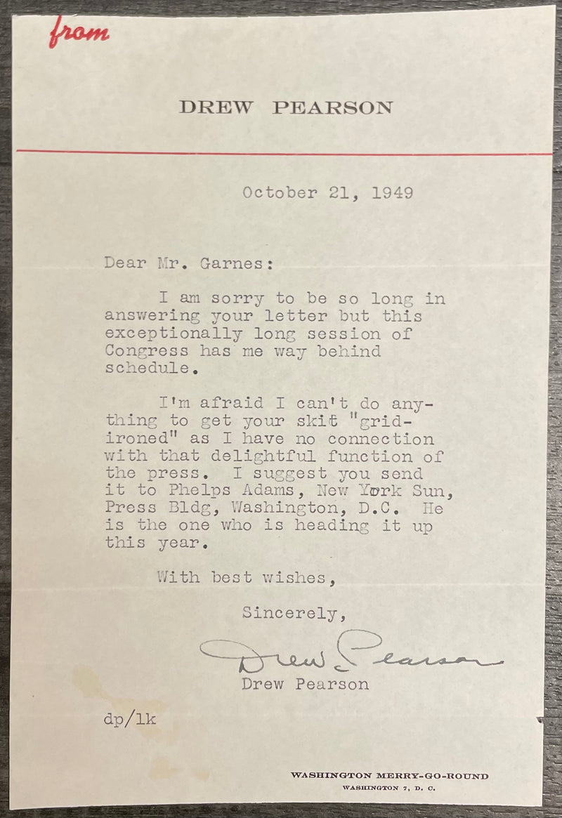 Drew Pearson Signed Letter Washington Merry Go Round 1949 - $2K APR w/CoA APR57
