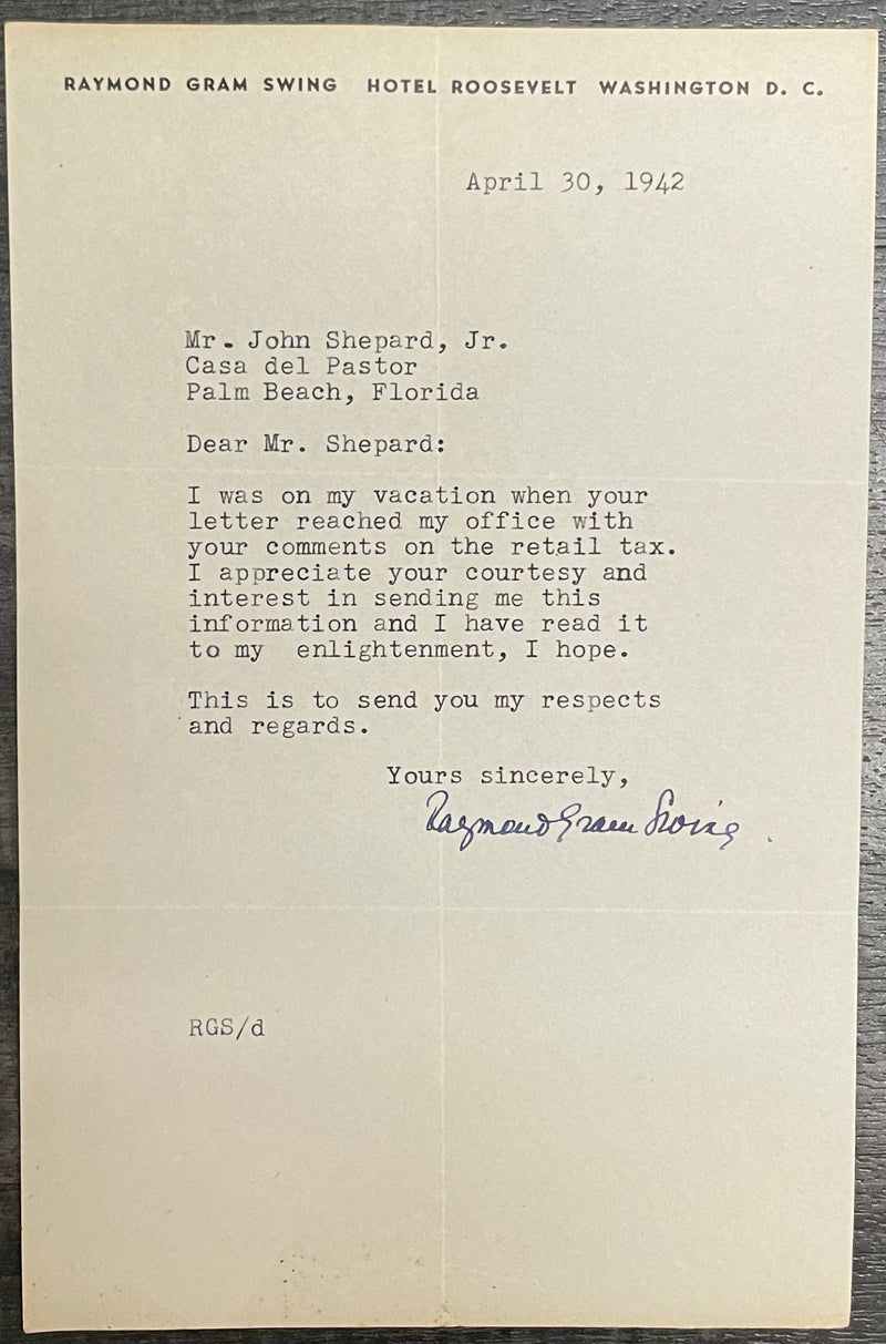 Original Signed Letter Raymond Gram Swing Hotel Roosevelt 1942 - $1.5K APR w/CoA APR57