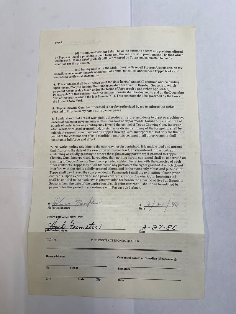 Denis Menke 1986 Unique Signed MLB Topps Baseball Card Agreement $3K APR w/CoA!! APR 57